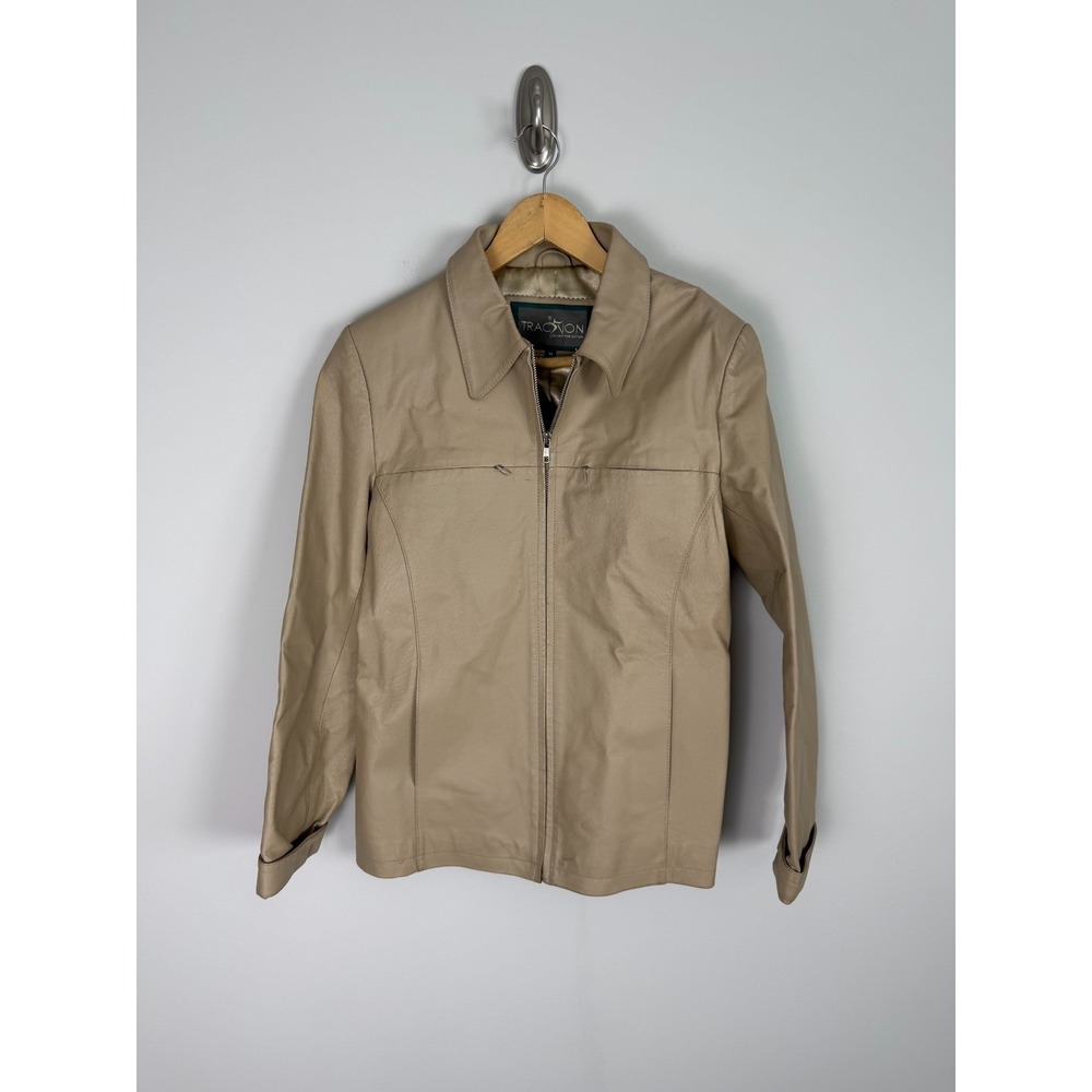 Vintage Traction Long Sleeve Genuine Leather Zip-Up Women's M Tan Zipper
